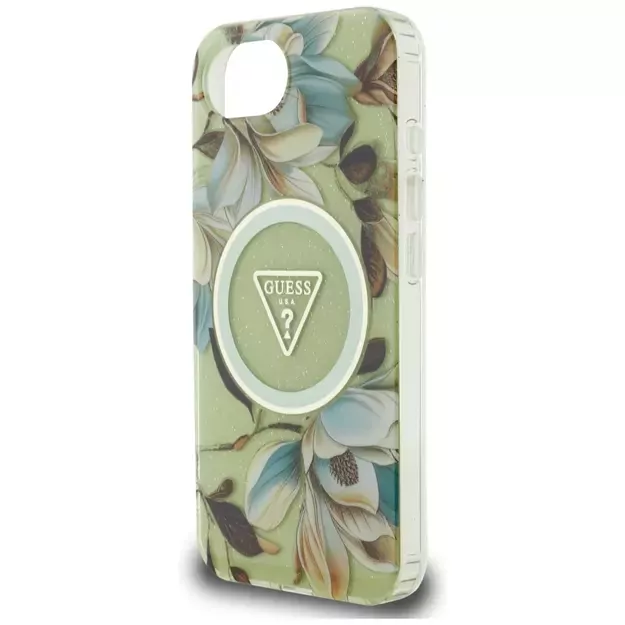 Guess IML Metal Glitter Flowers Triangle MagSafe iPhone 16e Case - Green 3