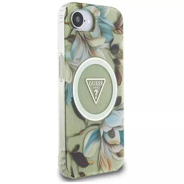 Guess IML Metal Glitter Flowers Triangle MagSafe iPhone 16e Case - Green 1