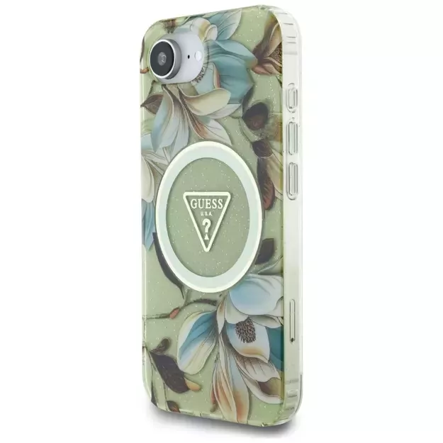 Guess IML Metal Glitter Flowers Triangle MagSafe iPhone 16e Case - Green 13