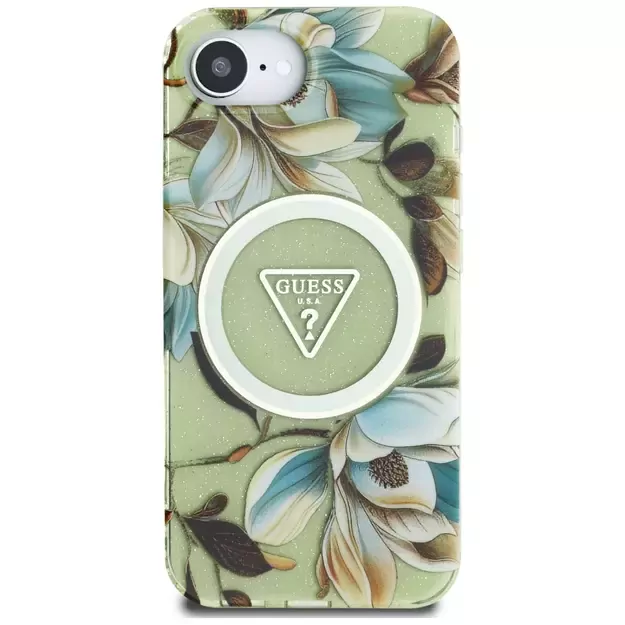 Guess IML Metal Glitter Flowers Triangle MagSafe iPhone 16e Case - Green 14