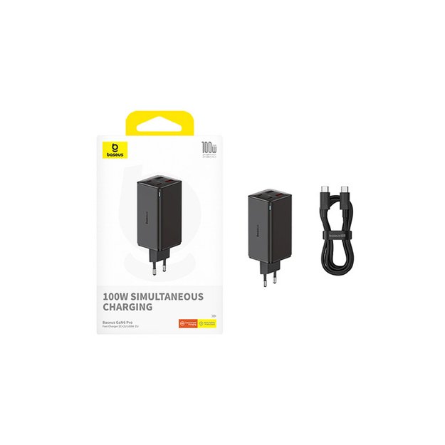 Baseus GaN6 Pro Charger 100W 2 x USB-C 2 x USB-A with Black USB-C Cable 100W 1m - Black 8