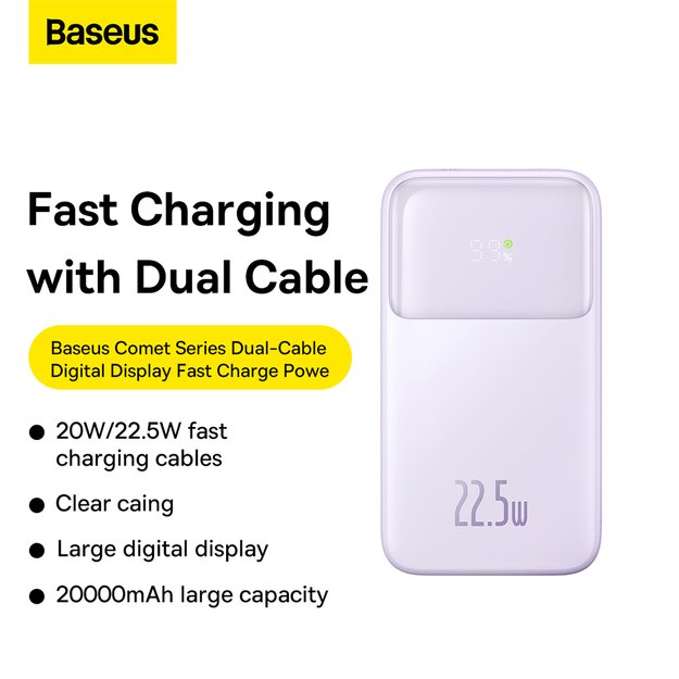 Baseus Comet Series powerbank with display 20000mAh 22.5W - purple + USB-A / USB-C cable 12