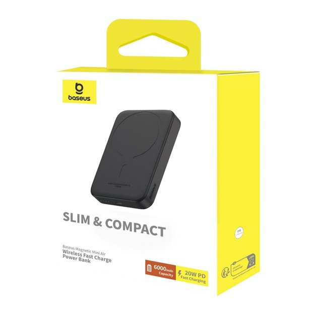 Baseus Magnetic Mini Air 6000mAh 20W Powerbank with Inductive Charging and Baseus Simple USB-C Cable (20V/3A) 30cm - Black 12