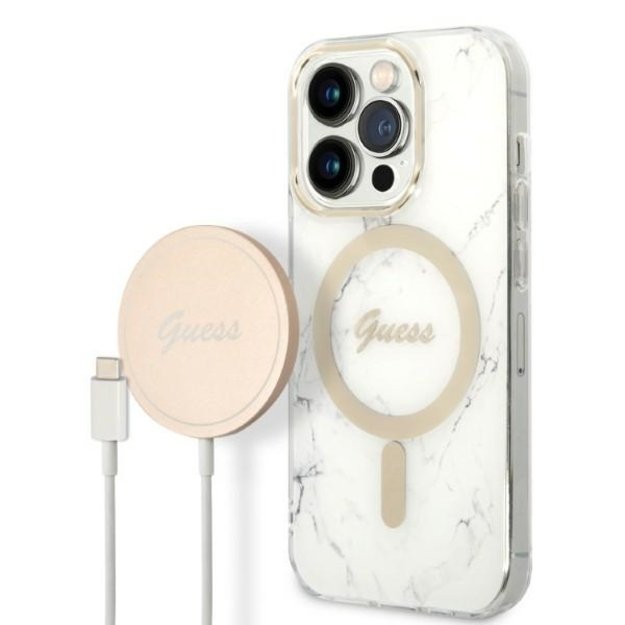 Guess GUBPP14LHMEACSH Case+ Charger Set iPhone 14 Pro 6.1&quot  white/white hard case Marble MagSafe