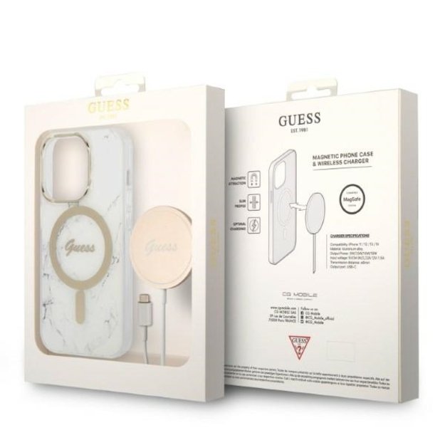 Guess GUBPP14LHMEACSH Case+ Charger Set iPhone 14 Pro 6.1&quot  white/white hard case Marble MagSafe 9