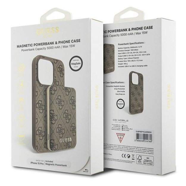 Guess 4G Metal Logo case set for iPhone 15 Pro + 5000mAh MagSafe power bank - brown 10