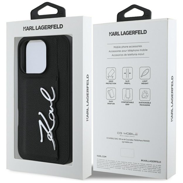 Karl Lagerfeld HC Grained PU Cardslot Metal Signature iPhone 16 Pro Case - Black 7