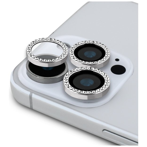 Guess BP Rhinestone 2in1 Screen Protector and Camera Lens Set for iPhone 16 Pro Max - Silver 2