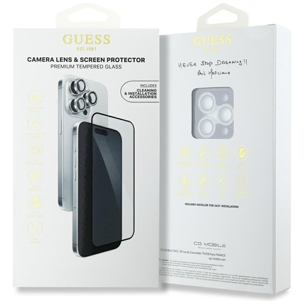Guess BP Rhinestone 2in1 Screen Protector and Camera Lens Set for iPhone 16 Pro Max - Silver 3