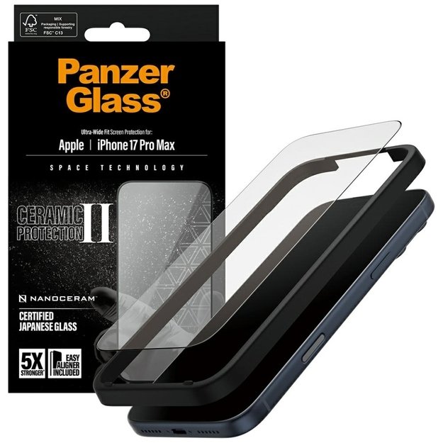 PanzerGlass Ceramic II Ultra-Wide Fit EasyAligne Tempered Glass for iPhone 17 Pro Max 3