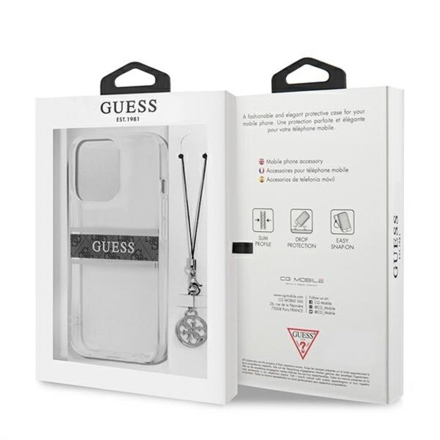 Guess GUHCP13LKB4GGR iPhone 13 Pro / 13 6,1  Transparent hardcase 4G Grey Strap Charm 14