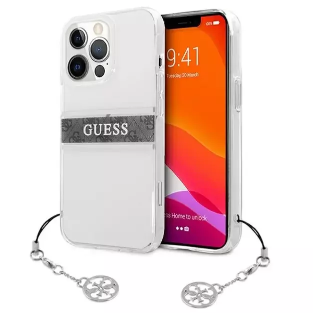 Guess GUHCP13LKB4GGR iPhone 13 Pro / 13 6,1  Transparent hardcase 4G Grey Strap Charm