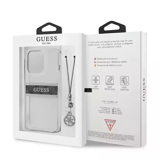 Guess GUHCP13LKB4GGR iPhone 13 Pro / 13 6,1  Transparent hardcase 4G Grey Strap Charm 7