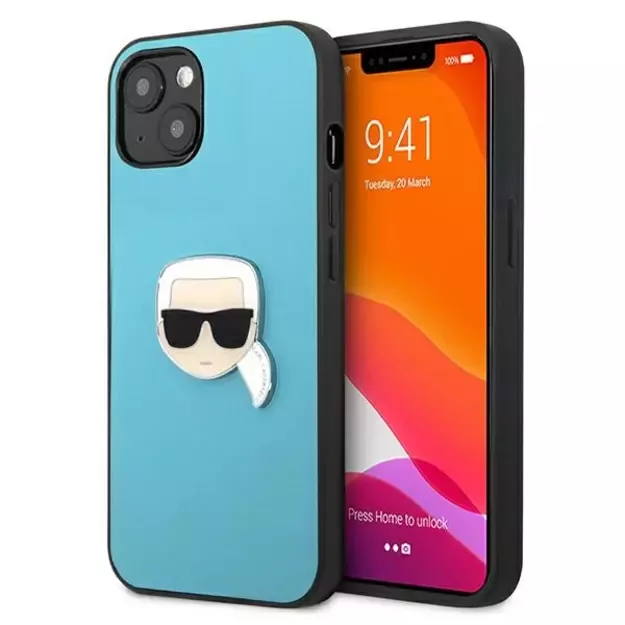 Karl Lagerfeld KLHCP13SPKMB iPhone 13 mini 5,4  niebieski/blue hardcase Leather Ikonik Karl`s Head Metal