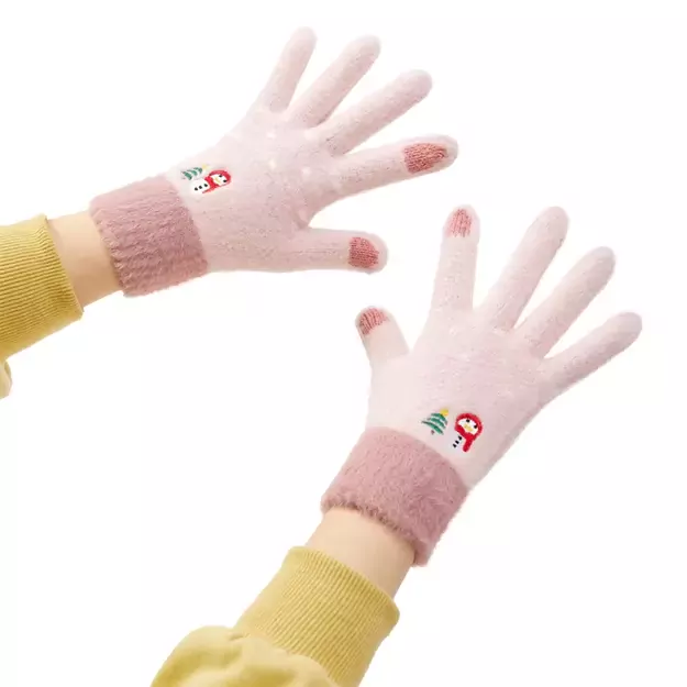 Women s winter telephone gloves with a snowman and a Christmas tree - pink
