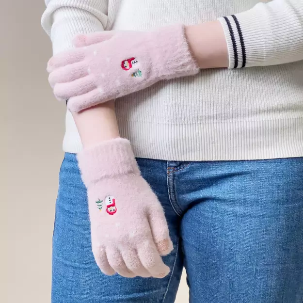 Women s winter telephone gloves with a snowman and a Christmas tree - pink 2
