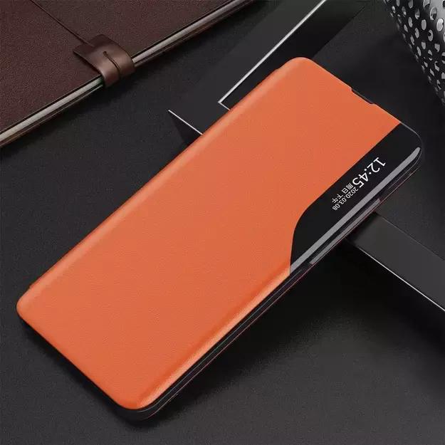 Eco Leather View Case elegant bookcase type case with kickstand for Samsung Galaxy A72 4G orange 1