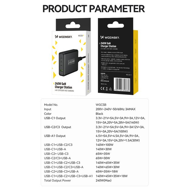 Wozinsky WGCSB 240W GaN wall charger USB-A / 3 x USB-C - black 6