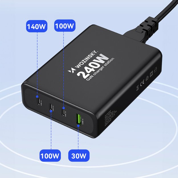 Wozinsky WGCSB 240W GaN wall charger USB-A / 3 x USB-C - black 13