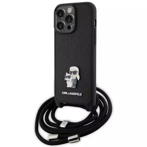 Karl Lagerfeld Crossbody Saffiano Metal Pin Karl &amp  Choupette Case for iPhone 15 Pro Max - Black