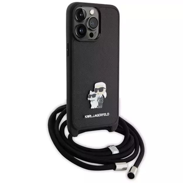 Karl Lagerfeld Crossbody Saffiano Metal Pin Karl &amp  Choupette Case for iPhone 15 Pro Max - Black 2