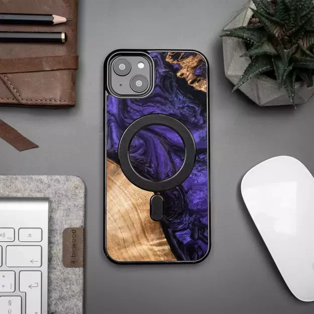 Wood and resin case for iPhone 15 Plus MagSafe Bewood Unique Violet - purple and black 7