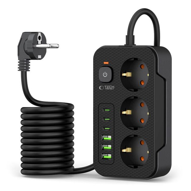 Tech-Protect PC3X6 Power Strip 3 Sockets 240V + 3xUSB-A + 3xUSB-C 200cm - Black 1