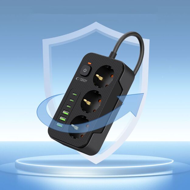 Tech-Protect PC3X6 Power Strip 3 Sockets 240V + 3xUSB-A + 3xUSB-C 200cm - Black 3