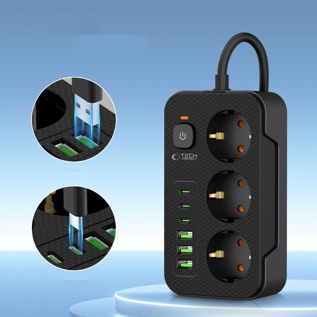 Tech-Protect PC3X6 Power Strip 3 Sockets 240V + 3xUSB-A + 3xUSB-C 200cm - Black 2