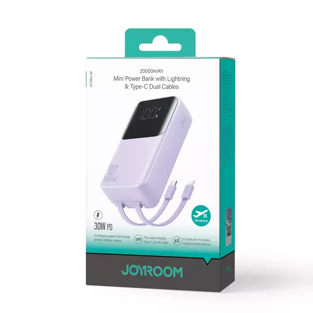 Joyroom JR-PBC07 20000mAh 30W mini power bank with USB-C and Lightning cables - purple 14