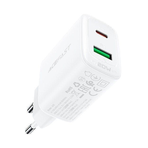 Acefast wall charger USB Type C / USB 20W, PPS, PD, QC 3.0, AFC, FCP white (A25 white) 2