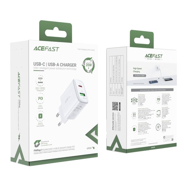 Acefast wall charger USB Type C / USB 20W, PPS, PD, QC 3.0, AFC, FCP white (A25 white) 3