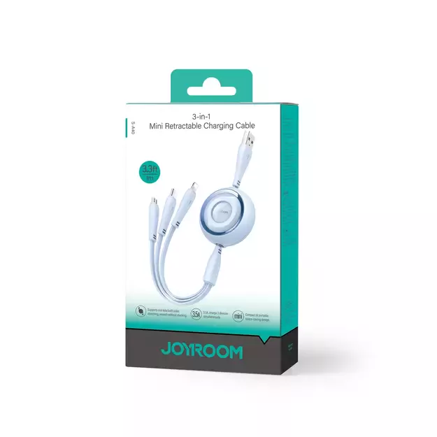Joyroom Colorful Series S-A40 Cable Retractable 3in1 USB-A - USB-C / Lightning / Micro USB 1m - Blue 1
