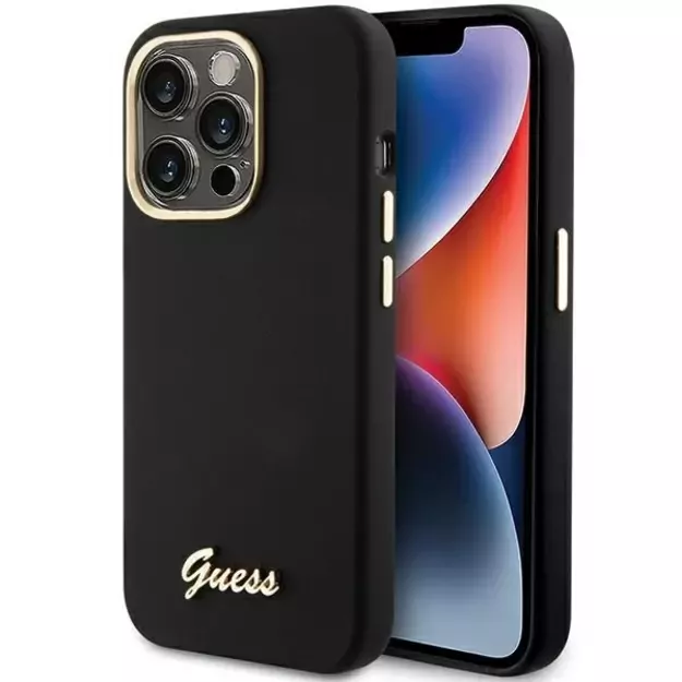 Guess Silicone Script Metal Logo &amp  Frame iPhone 15 Pro Max Case - Black
