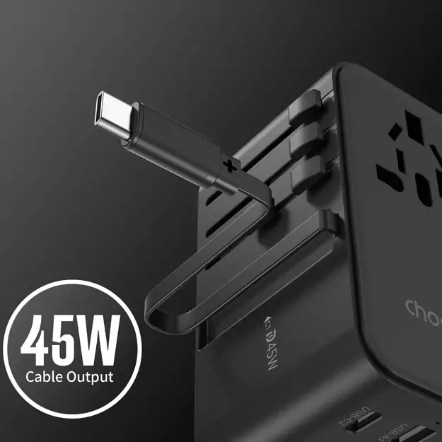 Choetech PD5021 45W EU/US/AUS/UK Travel Adapter with Built-in USB-C Cable - Black 6