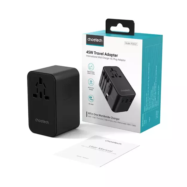 Choetech PD5021 45W EU/US/AUS/UK Travel Adapter with Built-in USB-C Cable - Black 2