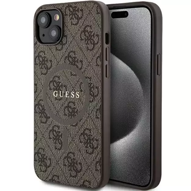 Guess 4G Collection Leather Metal Logo MagSafe Case for iPhone 14/15/13 - Brown