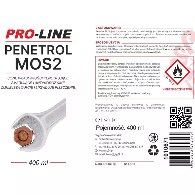 Strongly penetrating rust remover PENETROL MoS2 PRO-LINE spray 400ml 1