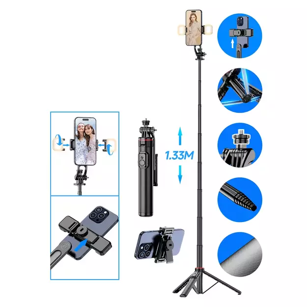 Selfie stick WC12YDS 1.3m aluminum alloy telescopic tripod with dual lamp and phone holder - black 24
