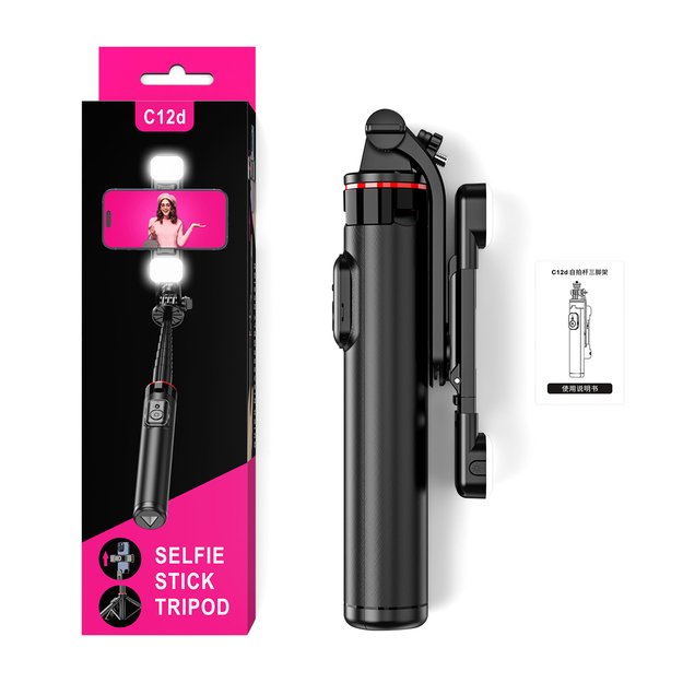Selfie stick WC12YDS 1.3m aluminum alloy telescopic tripod with dual lamp and phone holder - black 19