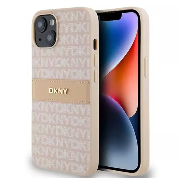 DKNY Leather Mono Stripe &amp  Metal Logo case for iPhone 15 / 14 / 13 - pink