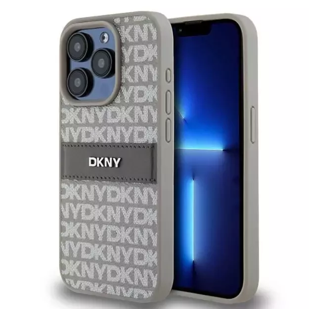 DKNY Leather Mono Stripe &amp  Metal Logo case for iPhone 15 Pro - beige