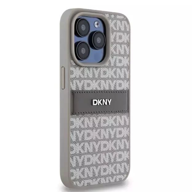 DKNY Leather Mono Stripe &amp  Metal Logo case for iPhone 15 Pro - beige 10