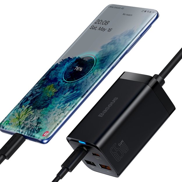 Baseus GaN3 Pro fast charger GaN 2 x USB Type C / 2 x USB 65W PD, QC4.0+, AFC, PPS + cable USB Type C - USB Type C 1m black (CCGP040101) 5