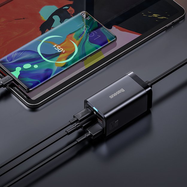 Baseus GaN3 Pro fast charger GaN 2 x USB Type C / 2 x USB 65W PD, QC4.0+, AFC, PPS + cable USB Type C - USB Type C 1m black (CCGP040101) 17