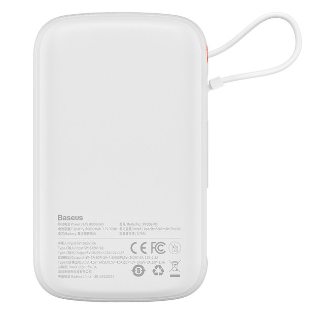 Baseus Qpow power bank 10000mAh built-in USB Type-C cable 22.5W Quick Charge SCP AFC FCP white (PPQD020102) 2