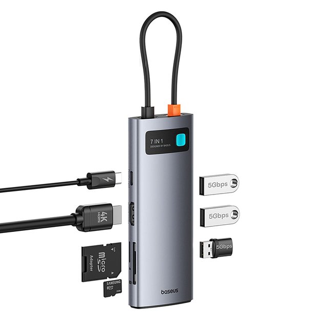 Baseus Metal Gleam 7in1 HDMI 4K 60Hz USB-C Hub / 3x USB 3.0 / USB-C PD / SD / microSD - Gray 4