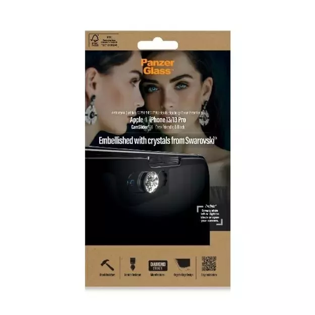 PanzerGlass E2E Microfracture Antibacterial Glass with Swarovsky Crystal Camera Cover for iPhone 13/13 Pro - With Black Frame 1