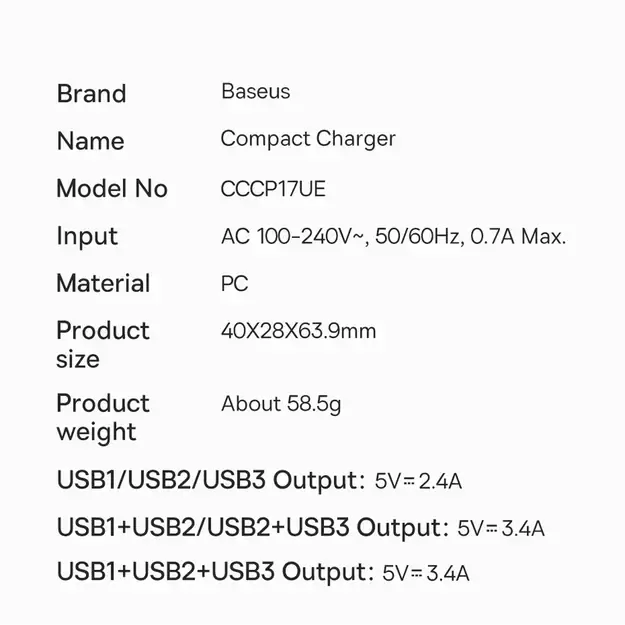 Baseus Compact charger 3x USB 17W white (CCXJ020102) 19