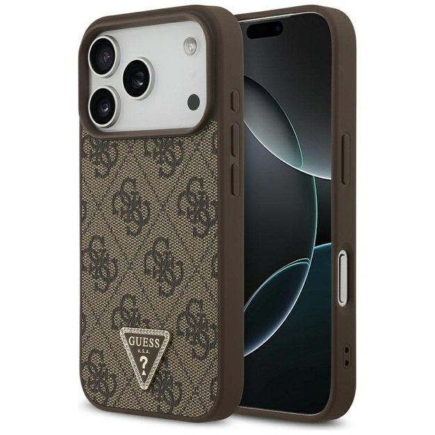 Guess Leather 4G Triangle Strass MagSafe Case for iPhone 17 Pro - Brown